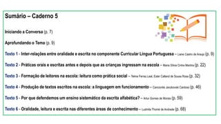 Sumário – Caderno 5
Iniciando a Conversa (p. 7)
Aprofundando o Tema (p. 9)
Texto 1 - Inter-relações entre oralidade e escrita no componente Curricular Língua Portuguesa – Liane Castro de Araujo (p. 9)
Texto 2 - Práticas orais e escritas antes e depois que as crianças ingressam na escola – Maria Sílvia Cintra Martins (p. 22)
Texto 3 - Formação de leitores na escola: leitura como prática social – Telma Ferraz Leal, Ester Calland de Sousa Rosa (p. 32)
Texto 4 - Produção de textos escritos na escola: a linguagem em funcionamento – Cancionila Janzkovski Cardoso (p. 46)
Texto 5 - Por que defendemos um ensino sistemático da escrita alfabética? – Artur Gomes de Morais (p. 59)
Texto 6 - Oralidade, leitura e escrita nas diferentes áreas de conhecimento – Ludmila Thomé de Andrade (p. 68)
 