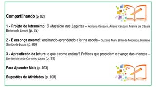 Compartilhando (p. 82)
1 - Projeto de letramento: O Massacre das Lagartas – Adriana Ranzani, Ariane Ranzani, Marina de Cássia
Bertoncello Limoni (p. 82)
2 - E era onça mesmo!: ensinando-aprendendo a ler na escola – Suzana Maria Brito de Medeiros, Rutilene
Santos de Souza (p. 88)
3 - Aprendizado da leitura: o que e como ensinar? Práticas que propiciam o avanço das crianças –
Denise Maria de Carvalho Lopes (p. 95)
Para Aprender Mais (p. 103)
Sugestões de Atividades (p. 108)
 