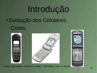 8
Introdução
● Evolução dos Celulares:
-Cores;
Fonte: Tudo celular, I1000 Plus (1998), T720 (2002), Razr V3 (2004).
 