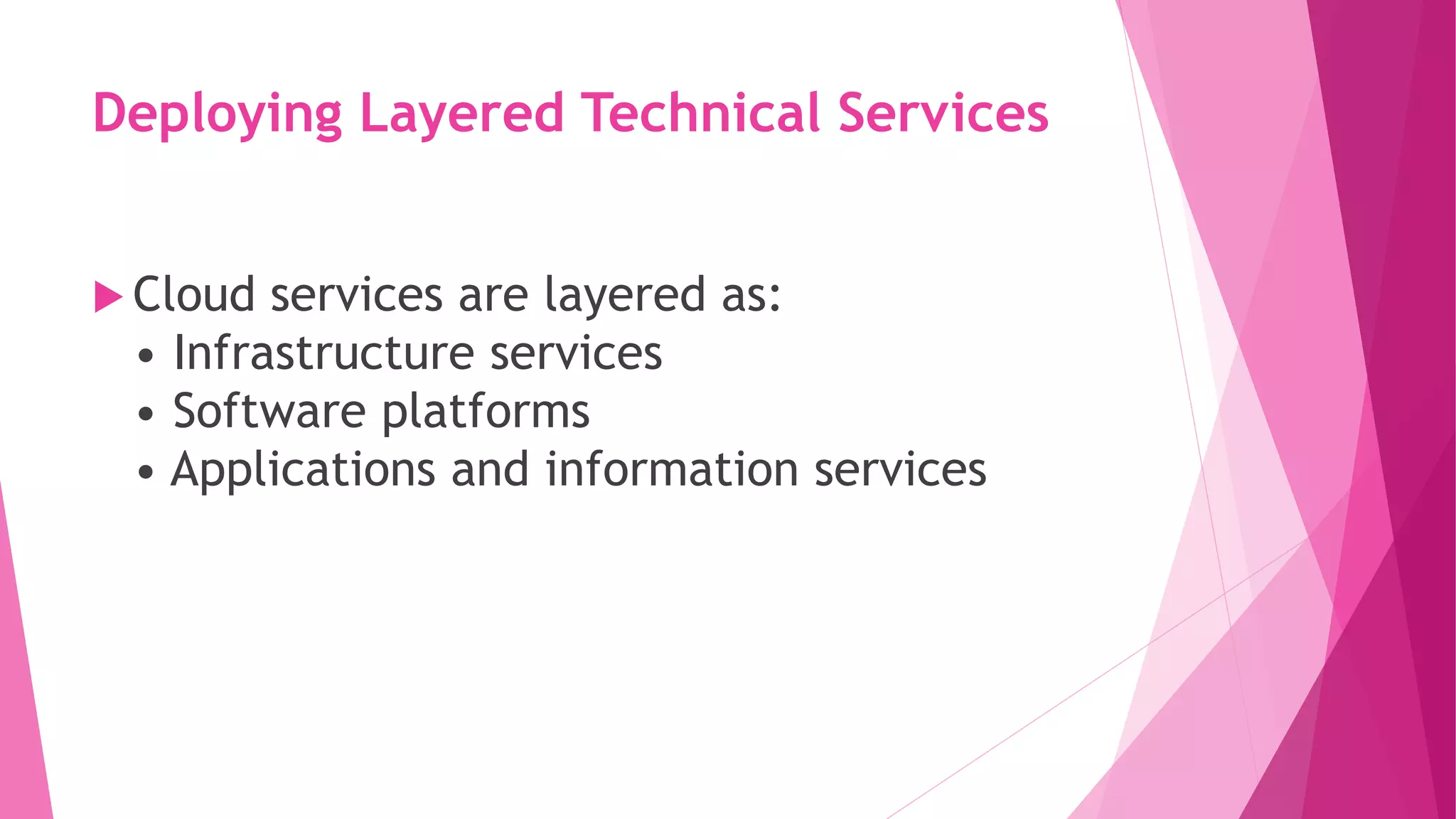 Deploying Layered Technical Services
 Cloud services are layered as:
• Infrastructure services
• Software platforms
• Applications and information services
 