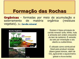 Formação das RochasFormação das Rochas
OrgânicasOrgânicas - formadas por meio da acumulação e
soterramento de matéria orgânica (resíduos
vegetais). Ex: Carvão mineralCarvão mineral
Existem 4 tipos principais de
carvão mineral: turfa, linhito, hula
e antracito (em ordem crescente
do teor de carbono). É extraído
do solo por mineração a céu
aberto ou subterrânea.
É utilizado como combustível
fóssil para produzir energia
(libera gases tóxicos, além de
CO2 agravando o aquecimetno
global e chuva ácida)
 
