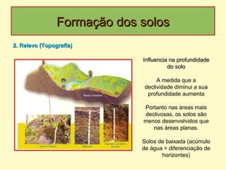 Formação dos solosFormação dos solos
2. Relevo (Topografia)2. Relevo (Topografia)
Influencia na profundidadeInfluencia na profundidade
do solodo solo
A medida que a
declividade diminui a sua
profundidade aumenta
Portanto nas áreas mais
declivosas, os solos são
menos desenvolvidos que
nas áreas planas.
Solos de baixada (acúmulo
de água = diferenciação de
horizontes)
 
