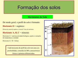 Formação dos solosFormação dos solos
Horizontes do Solo
De modo geral, o perfil do solo é formado:
Horizonte O = orgânico
Mistura de material orgânico e mineral. Fonte de nutrientes
Horizonte A, B, C = minerais
Horizonte A = máxima atividade biológica, sujeito a variações
de temperatura e umidade
Horizonte A + B = Solum
Cada horizonte do perfil do solo tem uma cor,
profundidade, conteúdo de MO, características
físicas e químicas diferenciadas.
 