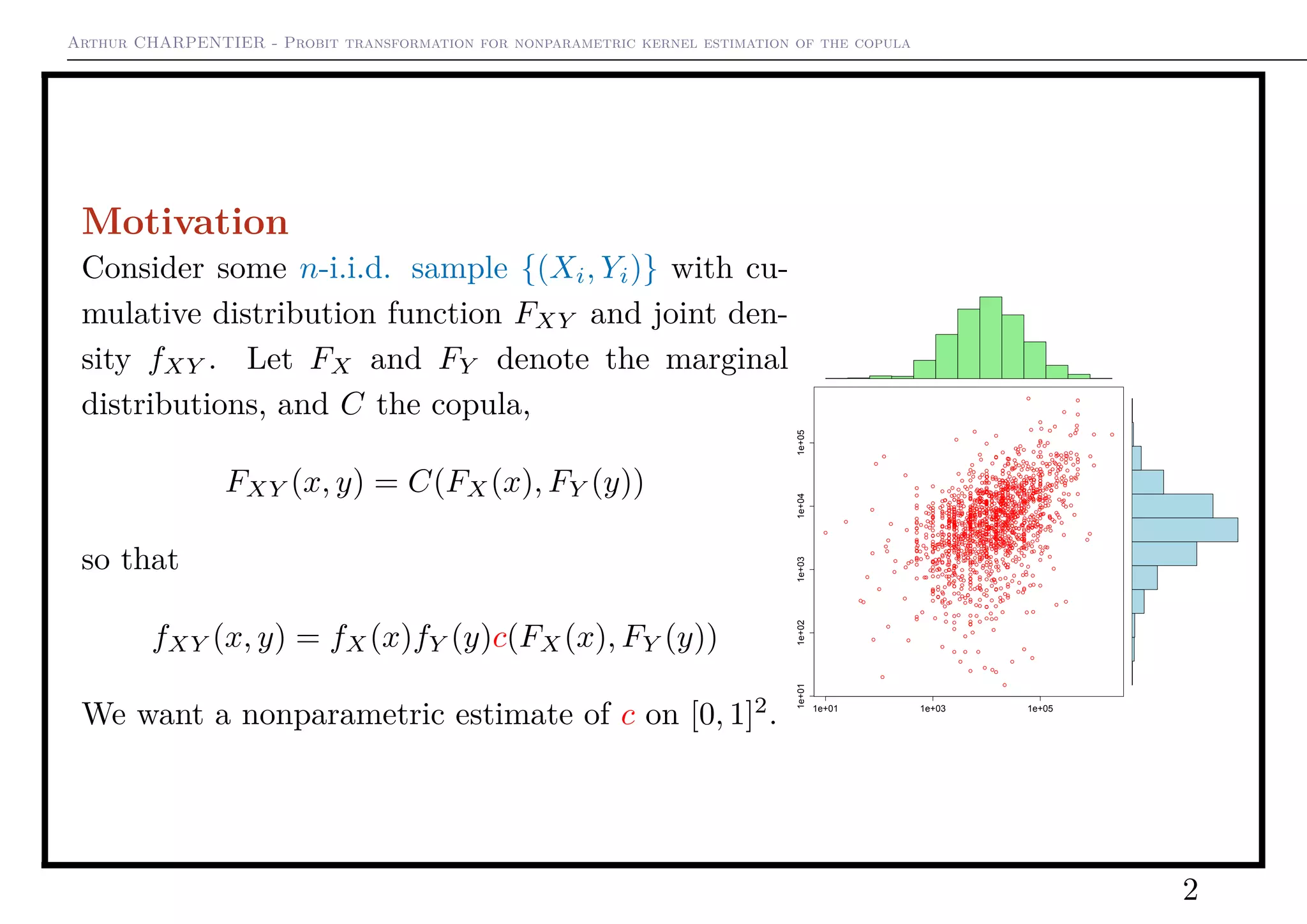 Arthur CHARPENTIER - Probit transformation for nonparametric kernel estimation of the copula
Motivation
Consider some n-i.i.d. sample {(Xi, Yi)} with cu-
mulative distribution function FXY and joint den-
sity fXY . Let FX and FY denote the marginal
distributions, and C the copula,
FXY (x, y) = C(FX(x), FY (y))
so that
fXY (x, y) = fX(x)fY (y)c(FX(x), FY (y))
We want a nonparametric estimate of c on [0, 1]2
. 1e+01 1e+03 1e+05
1e+011e+021e+031e+041e+05
2
 
