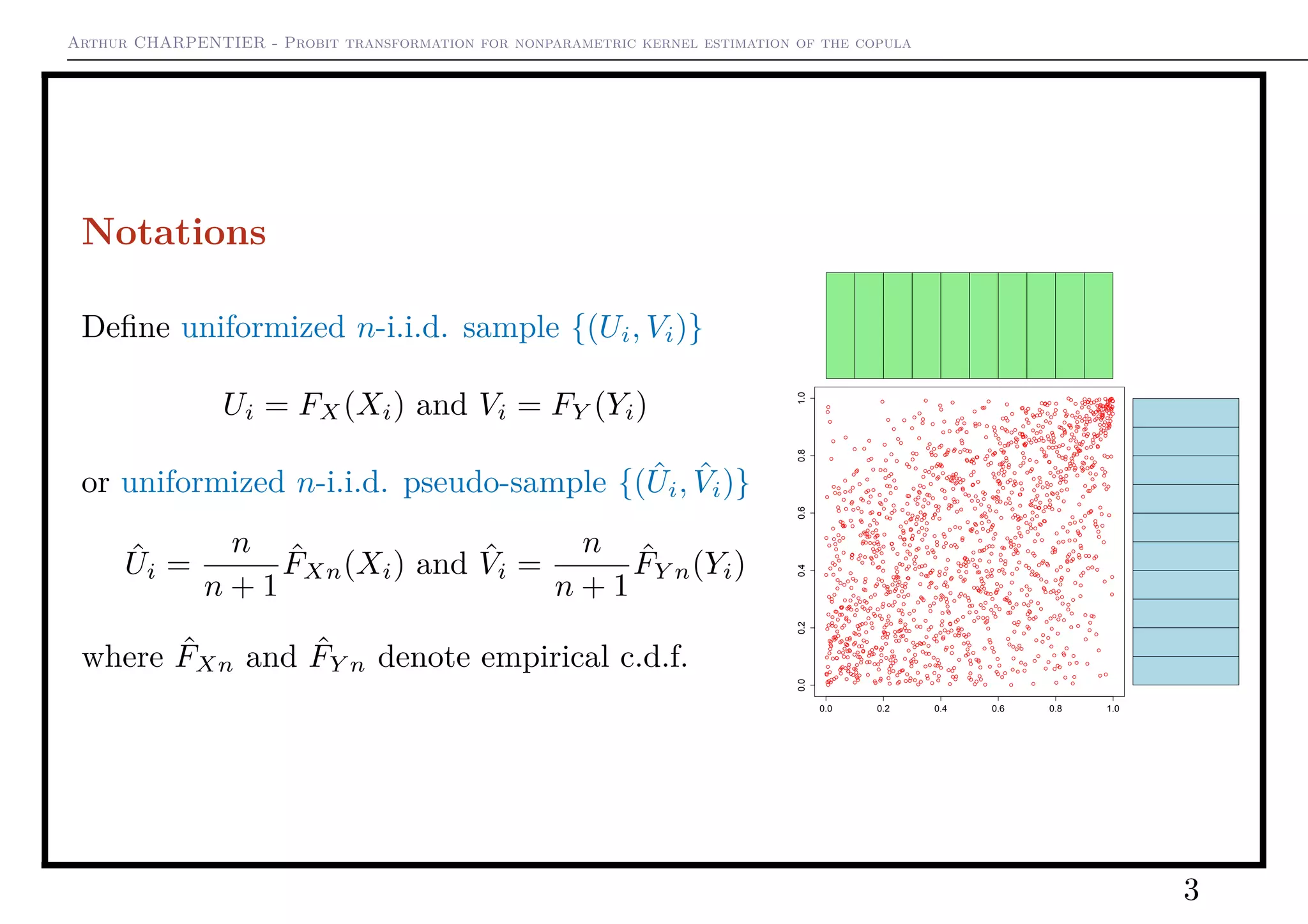 Arthur CHARPENTIER - Probit transformation for nonparametric kernel estimation of the copula
Notations
Deﬁne uniformized n-i.i.d. sample {(Ui, Vi)}
Ui = FX(Xi) and Vi = FY (Yi)
or uniformized n-i.i.d. pseudo-sample {( ˆUi, ˆVi)}
ˆUi =
n
n + 1
ˆFXn(Xi) and ˆVi =
n
n + 1
ˆFY n(Yi)
where ˆFXn and ˆFY n denote empirical c.d.f.
0.0 0.2 0.4 0.6 0.8 1.0
0.00.20.40.60.81.0
3
 