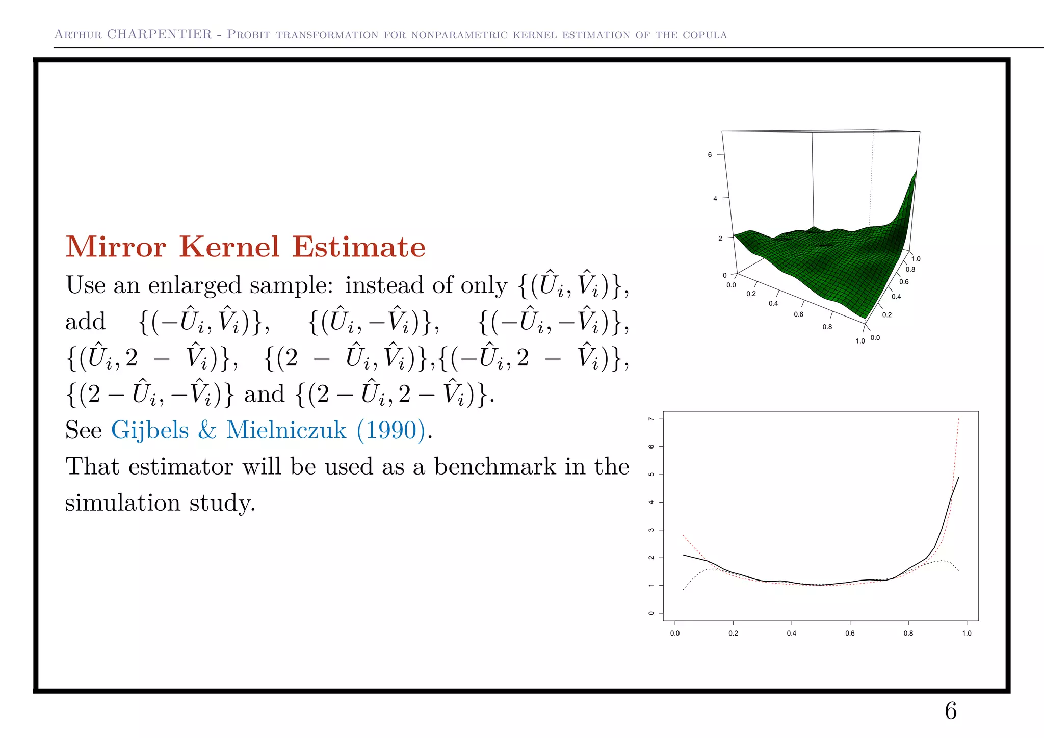 Arthur CHARPENTIER - Probit transformation for nonparametric kernel estimation of the copula
Mirror Kernel Estimate
Use an enlarged sample: instead of only {( ˆUi, ˆVi)},
add {(− ˆUi, ˆVi)}, {( ˆUi, − ˆVi)}, {(− ˆUi, − ˆVi)},
{( ˆUi, 2 − ˆVi)}, {(2 − ˆUi, ˆVi)},{(− ˆUi, 2 − ˆVi)},
{(2 − ˆUi, − ˆVi)} and {(2 − ˆUi, 2 − ˆVi)}.
See Gijbels & Mielniczuk (1990).
That estimator will be used as a benchmark in the
simulation study.
0.0
0.2
0.4
0.6
0.8
1.0 0.0
0.2
0.4
0.6
0.8
1.0
0
2
4
6
0.0 0.2 0.4 0.6 0.8 1.0
01234567
6
 