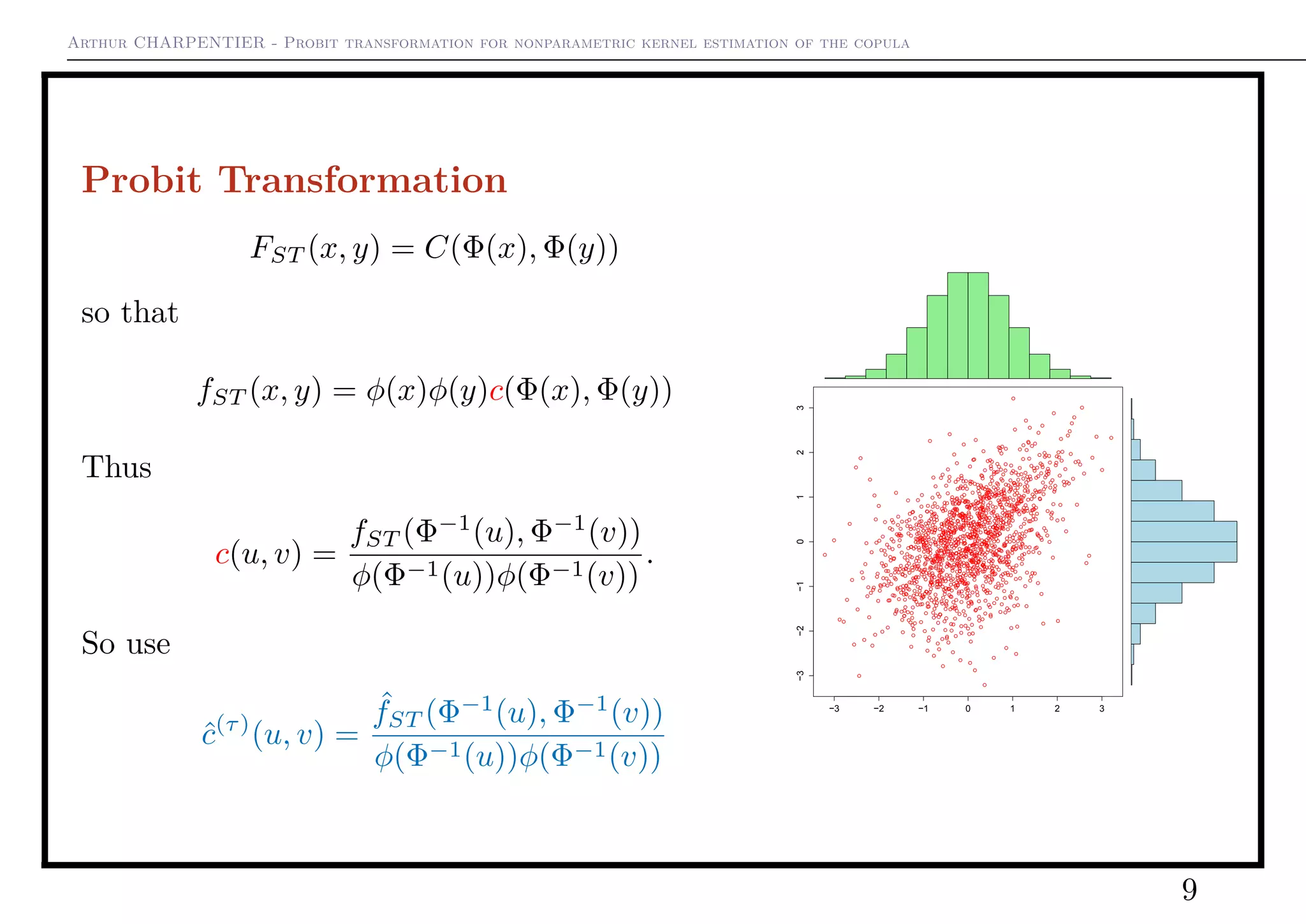 Arthur CHARPENTIER - Probit transformation for nonparametric kernel estimation of the copula
Probit Transformation
FST (x, y) = C(Φ(x), Φ(y))
so that
fST (x, y) = φ(x)φ(y)c(Φ(x), Φ(y))
Thus
c(u, v) =
fST (Φ−1
(u), Φ−1
(v))
φ(Φ−1(u))φ(Φ−1(v))
.
So use
ˆc(τ)
(u, v) =
ˆfST (Φ−1
(u), Φ−1
(v))
φ(Φ−1(u))φ(Φ−1(v))
−3 −2 −1 0 1 2 3
−3−2−10123
9
 