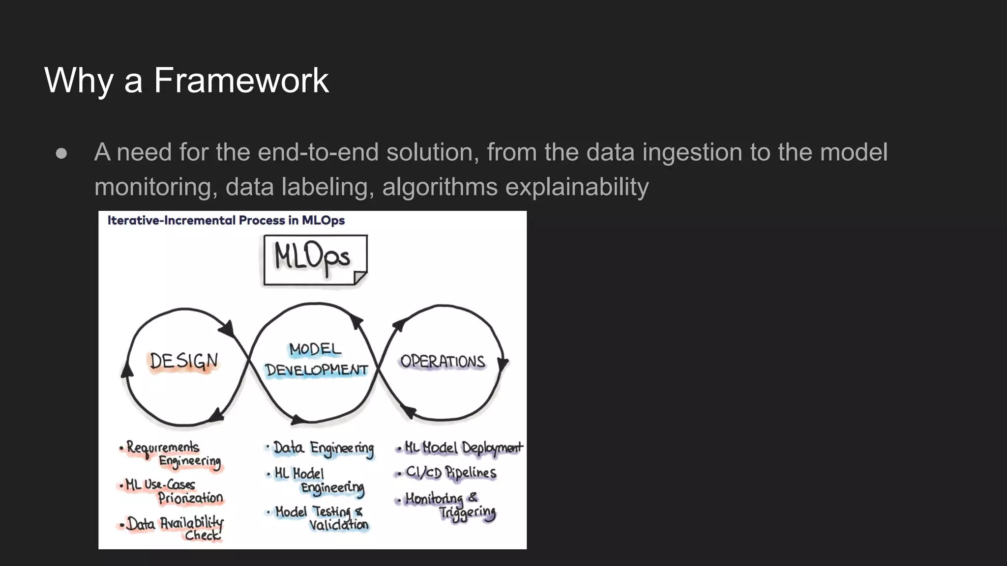 Why a Framework ● A need for the end-to-end solution, from the data ingestion to the model monitoring, data labeling, algorithms explainability 