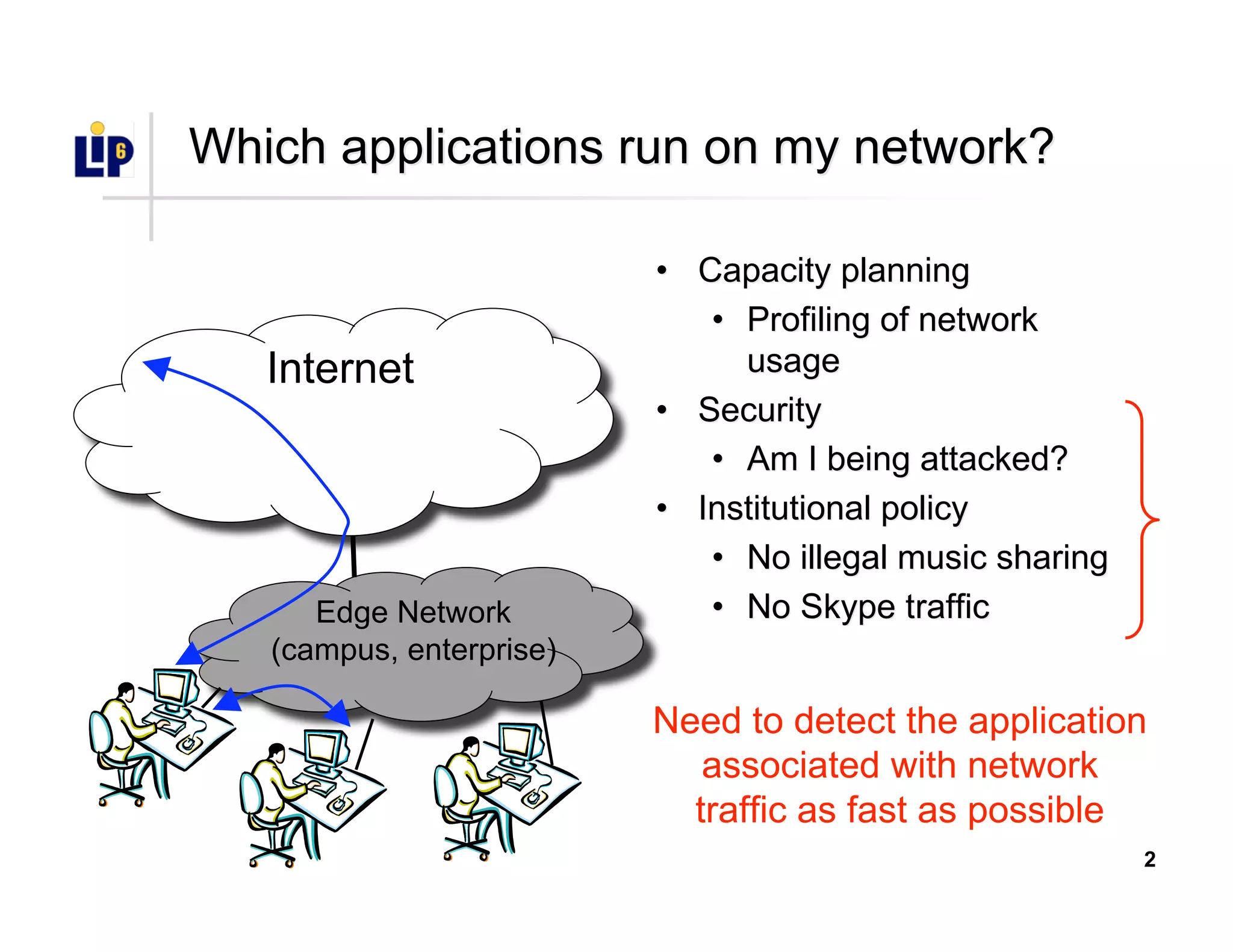 2
Which applications run on my network?Which applications run on my network?
•• Capacity planningCapacity planning
•• Profiling of networkProfiling of network
usageusage
•• SecuritySecurity
•• Am I being attacked?Am I being attacked?
•• Institutional policyInstitutional policy
•• No illegal music sharingNo illegal music sharing
•• NoNo SkypeSkype traffictrafficEdge Network
(campus, enterprise)
Internet
Need to detect the application
associated with network
traffic as fast as possible
 