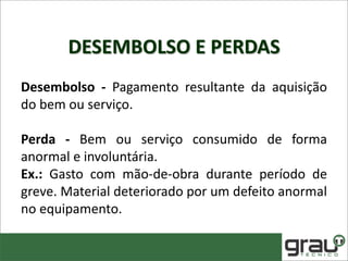 DESEMBOLSO E PERDAS
Desembolso - Pagamento resultante da aquisição
do bem ou serviço.
Perda - Bem ou serviço consumido de forma
anormal e involuntária.
Ex.: Gasto com mão-de-obra durante período de
greve. Material deteriorado por um defeito anormal
no equipamento.
 