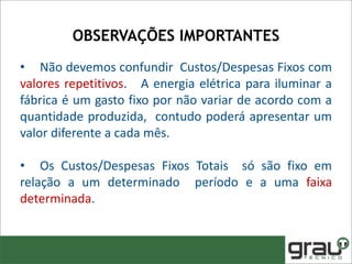 • Não devemos confundir Custos/Despesas Fixos com
valores repetitivos. A energia elétrica para iluminar a
fábrica é um gasto fixo por não variar de acordo com a
quantidade produzida, contudo poderá apresentar um
valor diferente a cada mês.
• Os Custos/Despesas Fixos Totais só são fixo em
relação a um determinado período e a uma faixa
determinada.
OBSERVAÇÕES IMPORTANTES
 