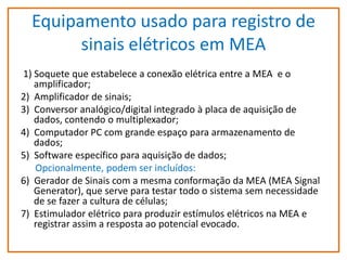 Equipamento usado para registro de
sinais elétricos em MEA
1) Soquete que estabelece a conexão elétrica entre a MEA e o
amplificador;
2) Amplificador de sinais;
3) Conversor analógico/digital integrado à placa de aquisição de
dados, contendo o multiplexador;
4) Computador PC com grande espaço para armazenamento de
dados;
5) Software específico para aquisição de dados;
Opcionalmente, podem ser incluídos:
6) Gerador de Sinais com a mesma conformação da MEA (MEA Signal
Generator), que serve para testar todo o sistema sem necessidade
de se fazer a cultura de células;
7) Estimulador elétrico para produzir estímulos elétricos na MEA e
registrar assim a resposta ao potencial evocado.

 
