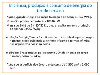 Eficiência, produção e consumo de energia do
tecido nervoso
A produção de energia do corpo humano é de cerca de 1,5 W/kg.
Nosso Sol produz cerca de 4 × 10^26 W.
Massa do Sol é de 2 × 10^30 kg, o que resulta em uma produção
de apenas 0,0002 W/kg.
A relação Energia/Massa é muito menor na estrela do que no corpo
humano, o que evidencia a extrema eficiência termodinâmica
dos organismos dos mamíferos.
O cérebro é responsável por consumir 20% da energia do corpo
humano, cerca de 24 W.
A área de superfície do cérebro é de cerca de 1.500 cm2 a 2.000
cm2

 