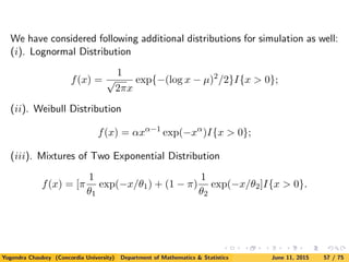 We have considered following additional distributions for simulation as well:
(i). Lognormal Distribution
f(x) =
1
√
2πx
exp{−(log x − µ)2
/2}I{x > 0};
(ii). Weibull Distribution
f(x) = αxα−1
exp(−xα
)I{x > 0};
(iii). Mixtures of Two Exponential Distribution
f(x) = [π
1
θ1
exp(−x/θ1) + (1 − π)
1
θ2
exp(−x/θ2]I{x > 0}.
Yogendra Chaubey (Concordia University) Department of Mathematics & Statistics June 11, 2015 57 / 75
 