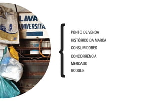 PONTO DE VENDA
GOOGLE
MERCADO
CONCORRÊNCIA
HISTÓRICO DA MARCA
CONSUMIDORES
 
