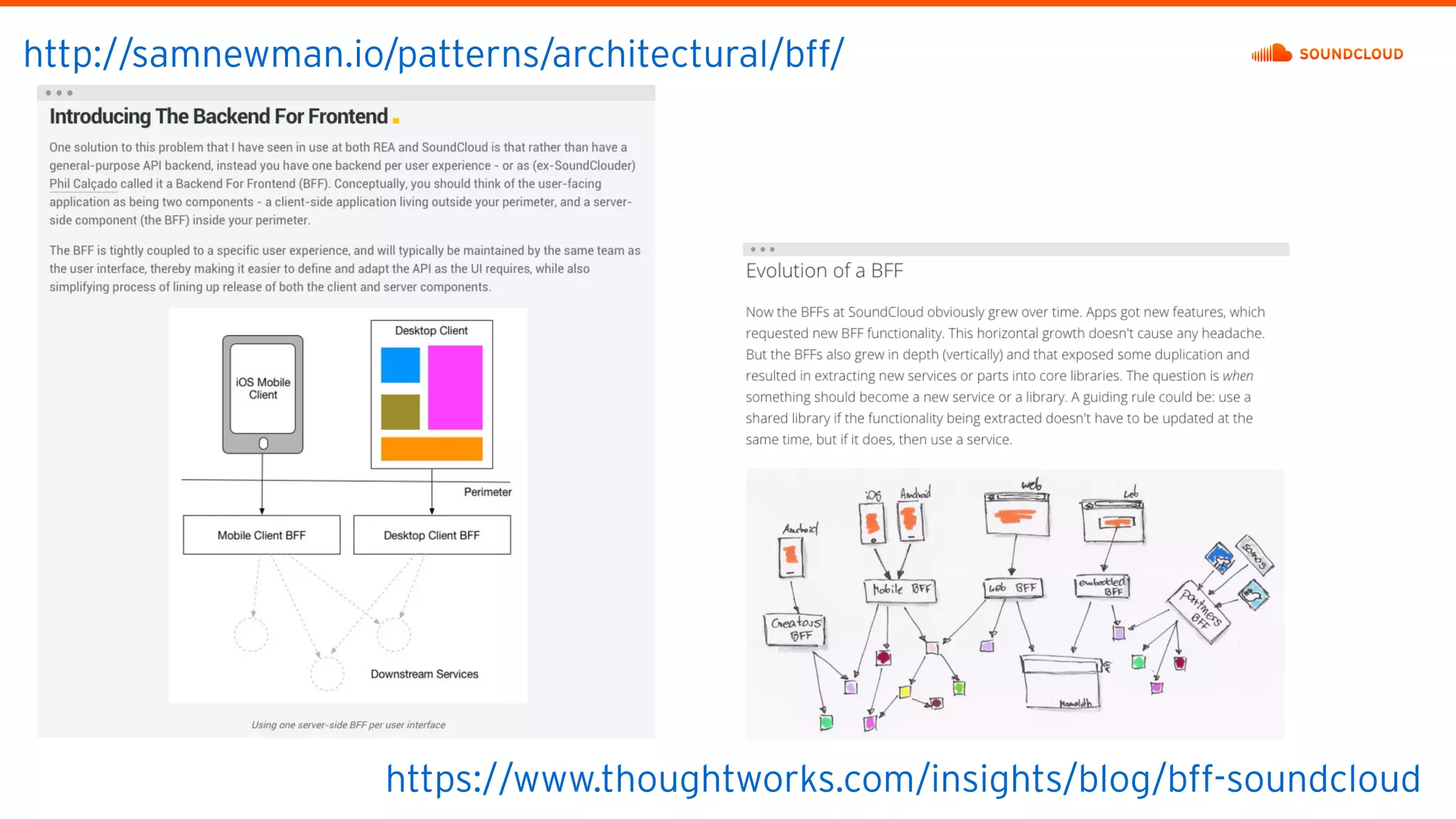 http://samnewman.io/patterns/architectural/bff/
https://www.thoughtworks.com/insights/blog/bff-soundcloud
 