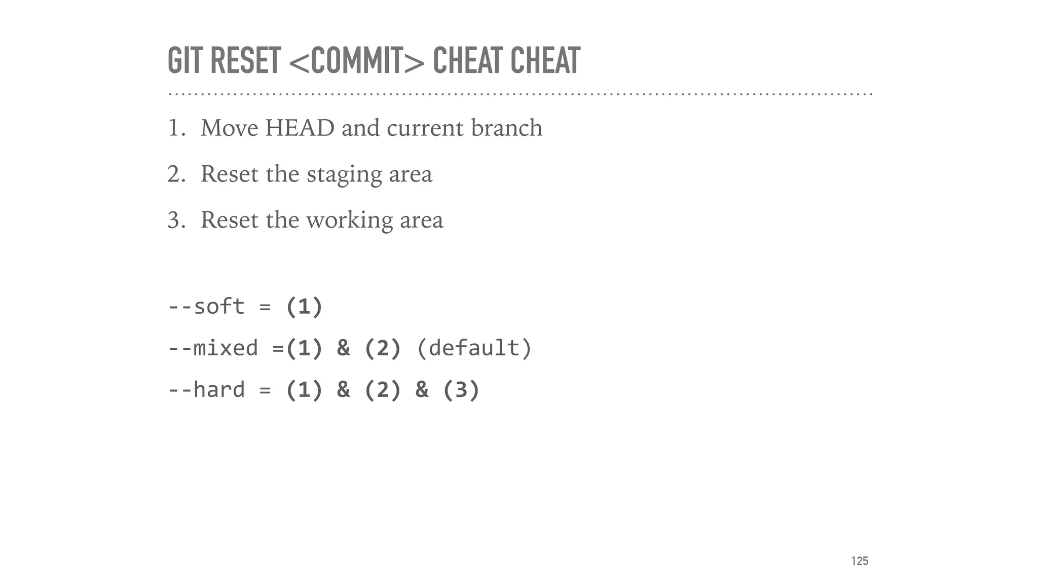 GIT RESET <COMMIT> CHEAT CHEAT
1. Move HEAD and current branch
2. Reset the staging area
3. Reset the working area
--soft	=	(1)	
--mixed	=(1)	&	(2)	(default)	
--hard	=	(1)	&	(2)	&	(3)
125
 