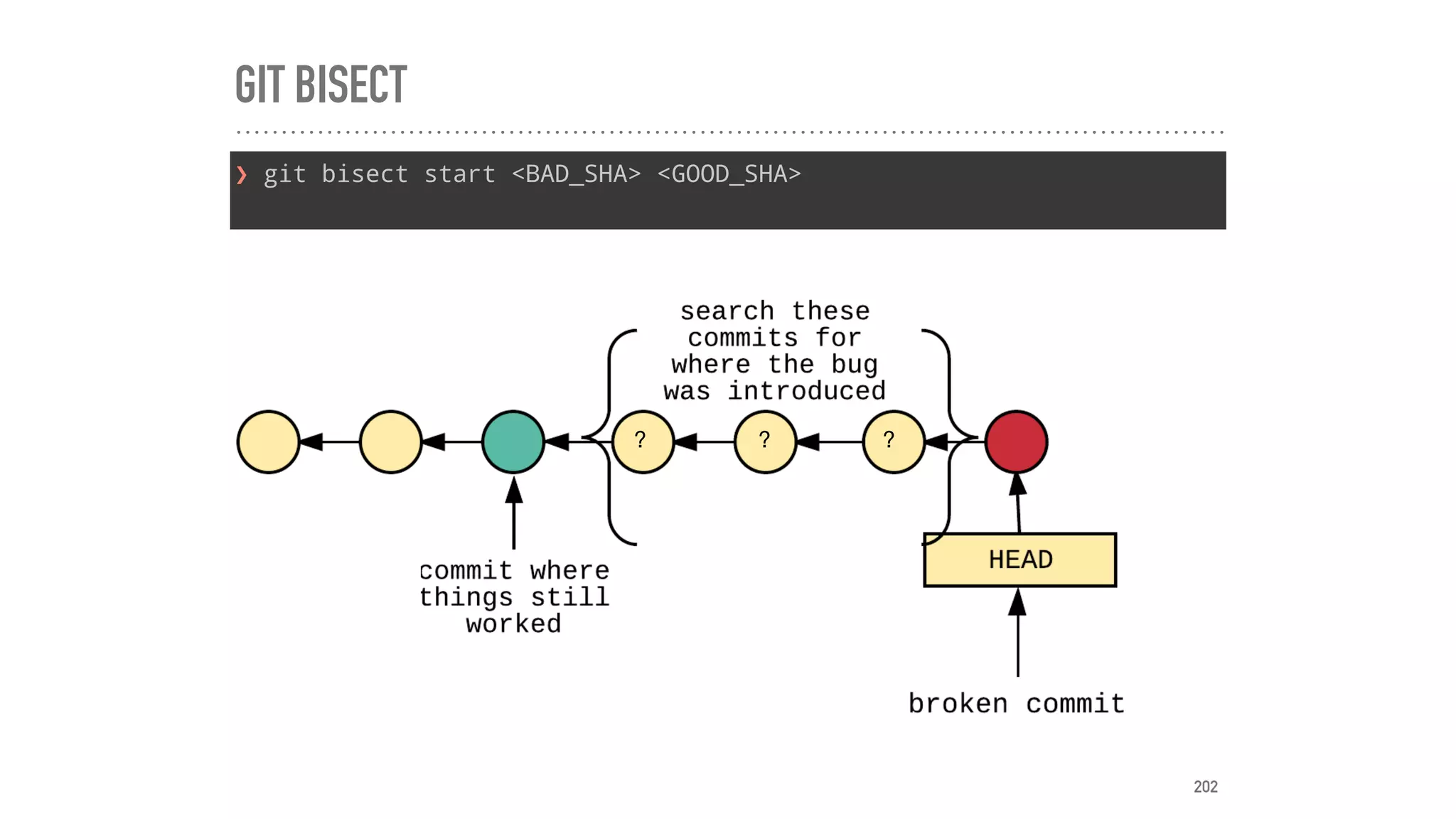 GIT BISECT
❯ git bisect start <BAD_SHA> <GOOD_SHA>
?
 ?
 ?

202
 