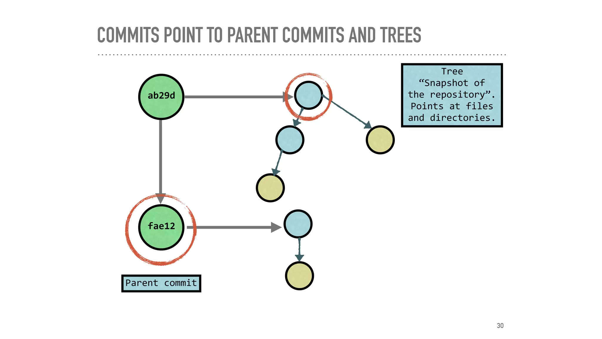 COMMITS POINT TO PARENT COMMITS AND TREES
fae12
ab29d
30
Parent	commit
Tree	
“Snapshot	of		
the	repository”.	
Points	at	files		
and	directories.
 