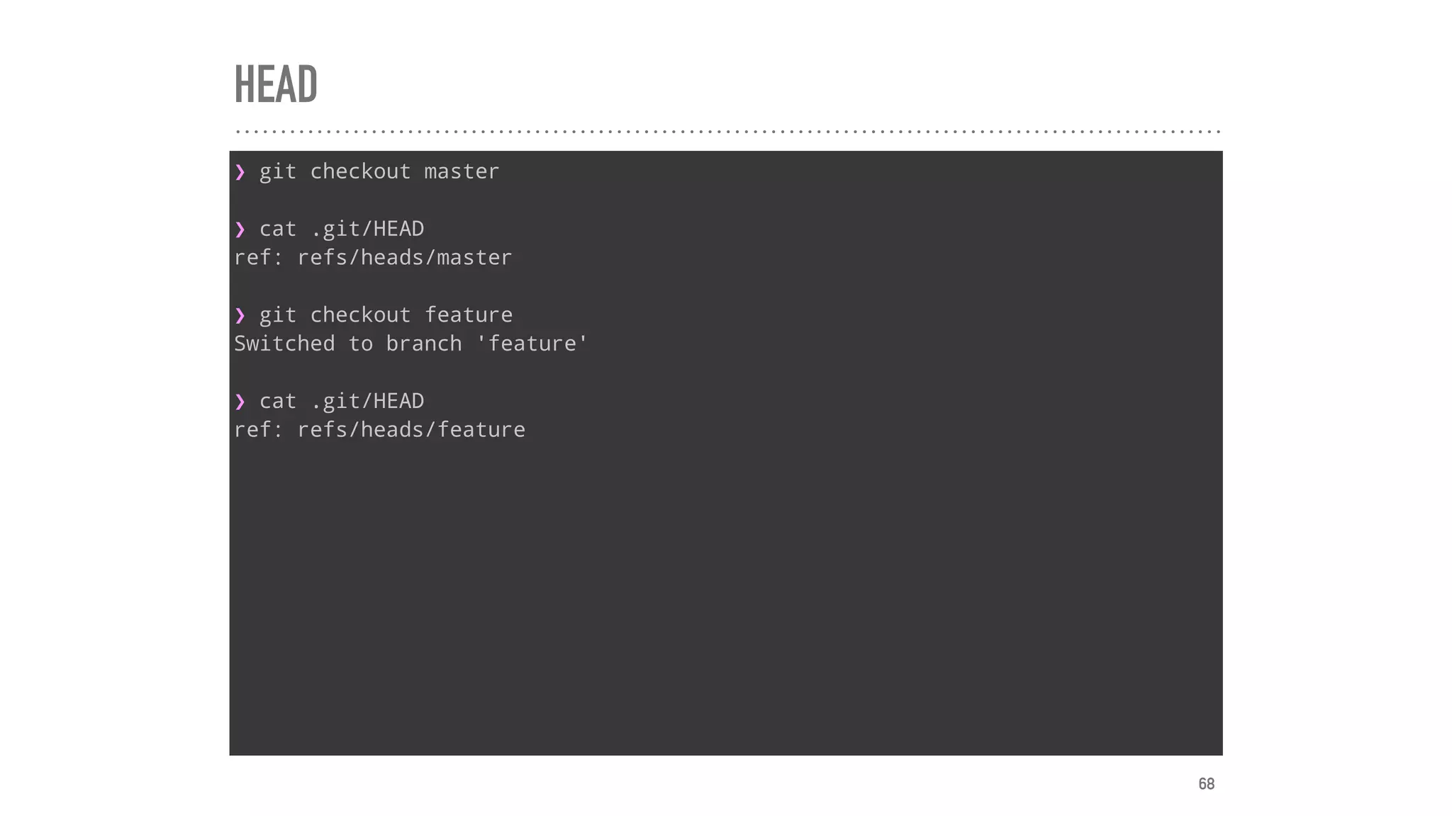HEAD
❯ git checkout master
❯ cat .git/HEAD
ref: refs/heads/master
❯ git checkout feature
Switched to branch 'feature'
❯ cat .git/HEAD
ref: refs/heads/feature
68
 