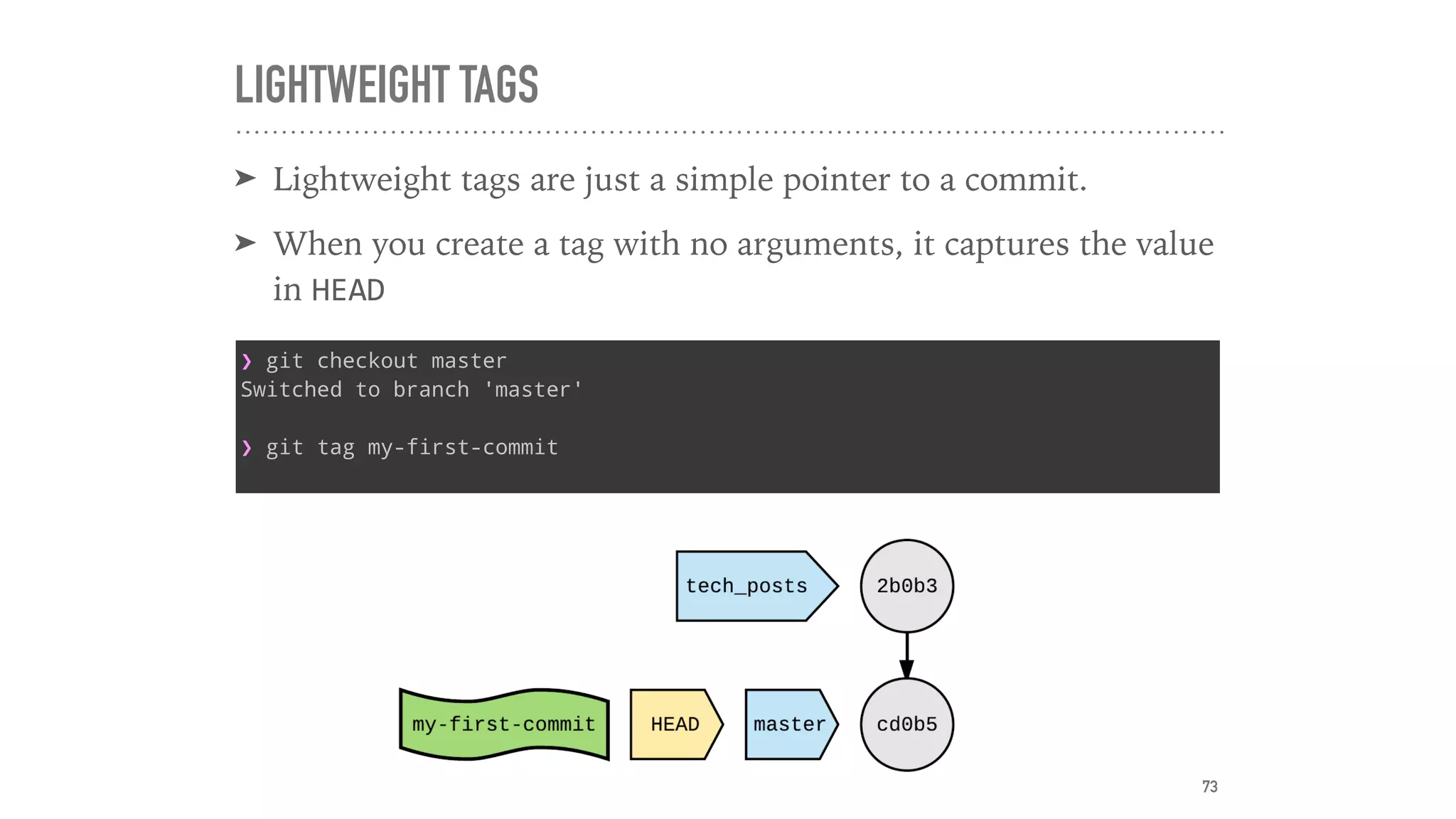 LIGHTWEIGHT TAGS
➤ Lightweight tags are just a simple pointer to a commit.
➤ When you create a tag with no arguments, it captures the value
in HEAD
❯ git checkout master
Switched to branch 'master'
❯ git tag my-first-commit
73
 