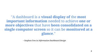 "A dashboard is a visual display of the most
important information needed to achieve one or
more objectives that have been consolidated on a
single computer screen so it can be monitored at a
glance."
– Stephen Few in Information Dashboard Design
4
 