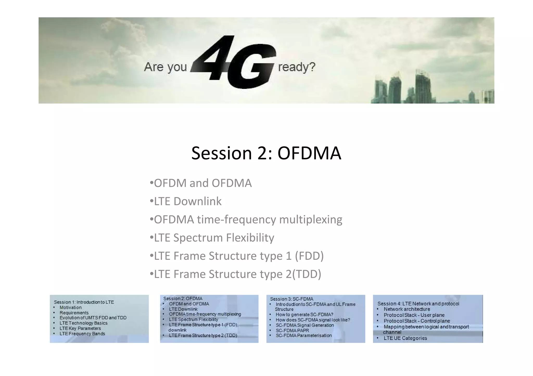 Session 2: OFDMA
•OFDM and OFDMA
•LTE Downlink
•OFDMA time-frequency multiplexing
•LTE Spectrum Flexibility
•LTE Frame Structure type 1 (FDD)
•LTE Frame Structure type 2(TDD)
 