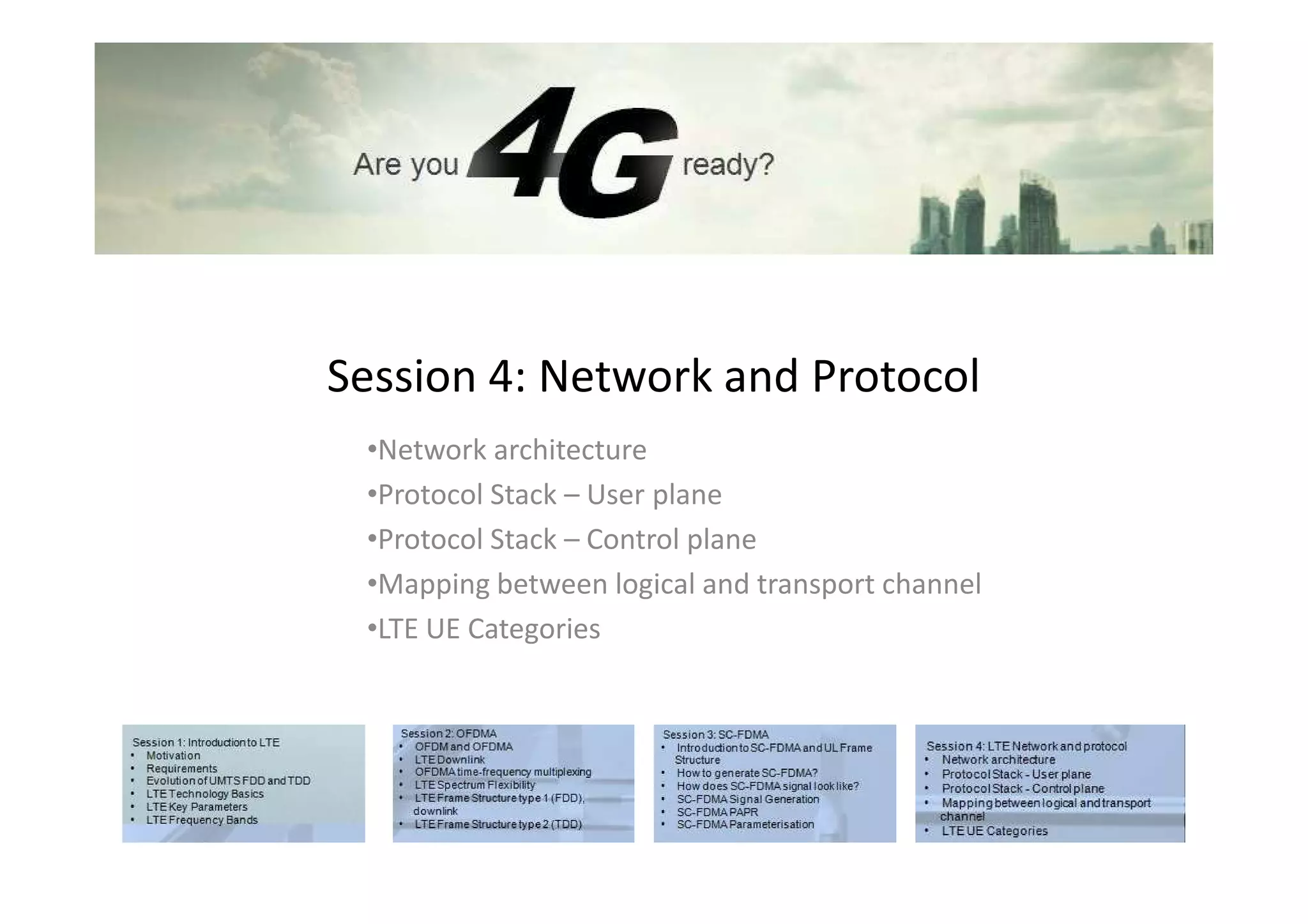 Session 4: Network and Protocol
 •Network architecture
 •Protocol Stack – User plane
 •Protocol Stack – Control plane
 •Mapping between logical and transport channel
 •LTE UE Categories
 
