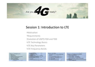 Session 1: Introduction to LTE
•Motivation
•Requirements
•Evolution of UMTS FDD and TDD
•LTE Technology Basics
•LTE Key Parameters
•LTE Frequency Bands
 