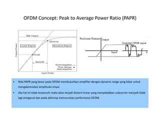 OFDM Concept: Peak to Average Power Ratio (PAPR)




•   Nilai PAPR yang besar pada OFDM membutuhkan amplifier dengan dynamic range yang lebar untuk
    mengakomodasi amplitudo sinyal.
•   Jika hal ini tidak terpenuhi maka akan terjadi distorsi linear yang menyebabkan subcarrier menjadi tidak
    lagi ortogonal dan pada akhirnya menurunkan performansi OFDM.
                                                                                                     45
 