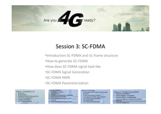 Session 3: SC-FDMA
•Introduction SC-FDMA and UL frame structure
•How to generate SC-FDMA
•How does SC-FDMA signal look like
•SC-FDMA Signal Generation
•SC-FDMA PAPR
•SC-FDMA Parameterization
 