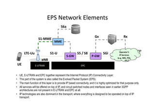 EPS Network Elements
                                           S6a

                                                                            Gx                           Rx
                     S1-MME
                                     MME


                                                                                                     Operator’s
         LTE-Uu                  S1-U                      S5 / S8                  SGi              IP Services
                                                 S-GW                    P-GW
                                                                                                   (e.g. IMS, PSS,
                        eNB                                                                                etc,)
    UE            E-UTRAN                                      EPC


• UE, E-UTRAN and EPC together represent the Internet Protocol (IP) Connectivity Layer.
• This part of the system is also called the Evolved Packet System (EPS).
• The main function of this layer is to provide IP based connectivity, and it is highly optimized for that purpose only.
• All services will be offered on top of IP, and circuit switched nodes and interfaces seen in earlier 3GPP
  architectures are not present in E-UTRAN and EPC at all.
• IP technologies are also dominant in the transport, where everything is designed to be operated on top of IP
  transport.
 