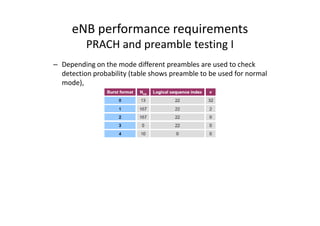 eNB performance requirements
          PRACH and preamble testing I
– Depending on the mode different preambles are used to check
  detection probability (table shows preamble to be used for normal
  mode),
 
