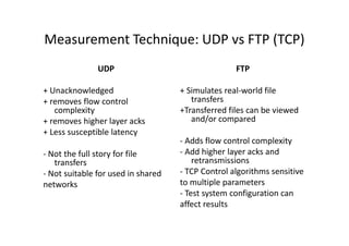 Measurement Technique: UDP vs FTP (TCP)
               UDP                                 FTP

+ Unacknowledged                    + Simulates real-world file
+ removes flow control                 transfers
   complexity                       +Transferred files can be viewed
+ removes higher layer acks            and/or compared
+ Less susceptible latency
                                    - Adds flow control complexity
- Not the full story for file       - Add higher layer acks and
   transfers                            retransmissions
- Not suitable for used in shared   - TCP Control algorithms sensitive
networks                            to multiple parameters
                                    - Test system configuration can
                                    affect results
 