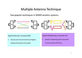 Multiple Antenna Technique
    Two popular techniques in MIMO wireless systems:




Spatial Diversity: Increased SNR               Spatial Multiplexing: Increased rate

•   Receive and transmit diversity mitigates   •   Spatial multiplexing yields substantial

    fading and improves link quality               increase spectral efficiency




                                                                                             72
 