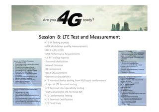 Session 8: LTE Test and Measurement
  •LTE RF Testing aspects
  •eNB Modulation quality measurements
  •ACLR in DL (FDD)
  •eNB Performance Requirements
  •UE RF Testing Aspects
  •Transmit Modulation
  •Inband Emission
  •IQ Component
  •ACLR Measurement
  •Receiver characteristics
  •LTE Wireless device testing from R&D upto conformance
  •Stages of LTE terminal testing
  •LTE Terminal Interoperability testing
  •Test Scenarios for LTE Terminal IOT
  •LTE Conformance Testing
  •LTE Terminal Certification
  •LTE Field Trials
 