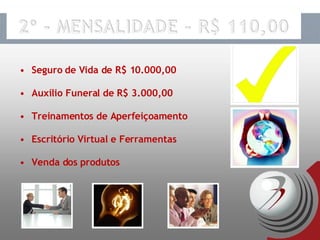 Seguro de Vida de R$ 10.000,00 Auxílio Funeral de R$ 3.000,00 Treinamentos de Aperfeiçoamento Escritório Virtual e Ferramentas Venda dos produtos  