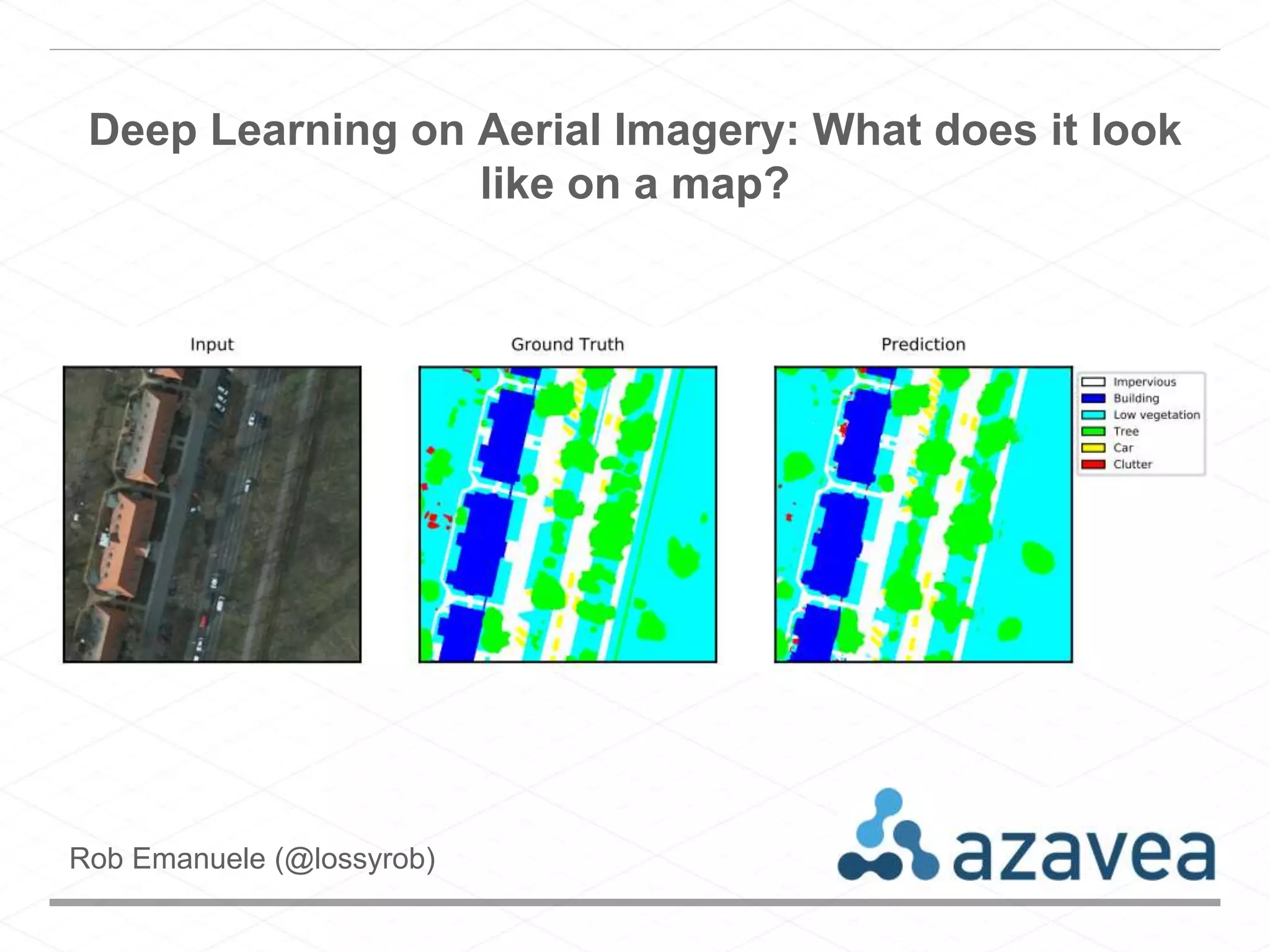 Deep Learning on Aerial Imagery: What does it look
like on a map?
Rob Emanuele (@lossyrob)