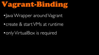 Vagrant-Binding
•Java Wrapper around Vagrant
•create & start VMs at runtime
•only VirtualBox is required
 
