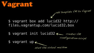 Vagrant
                                add template VM to Vagrant


 $ vagrant box add lucid32 http://
 files.vagrantup.com/lucid32.box

 $ vagrant init lucid32                creates VM
                                   configuration-script
 $ vagrant up
                start the virtual machine
 