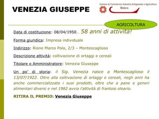 VENEZIA GIUSEPPE Data di costituzione : 08/04/1950 …   58 anni di attività! Forma giuridica :  Impresa individuale Indirizzo :  Rione Marco Polo, 2/3 – Montescaglioso Descrizione attività :  coltivazione di ortaggi e cereali Titolare o Amministratore :  Venezia Giuseppe Un po’ di storia :  il Sig. Venezia nasce a Montescaglioso il 13/07/1922 . Oltre alla coltivazione di ortaggi e cereali, negli anni ha anche commercializzato i suoi prodotti, oltre che a pane e generi alimentari diversi e nel 1982 avvia l’attività di frantoio oleario. RITIRA IL PREMIO:  Venezia Giuseppe AGRICOLTURA 