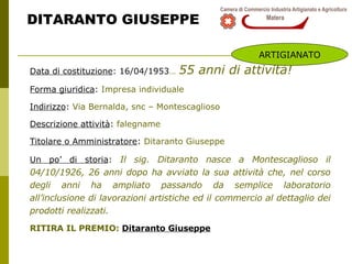 DITARANTO GIUSEPPE Data di costituzione : 16/04/1953 …   55 anni di attività! Forma giuridica :  Impresa individuale Indirizzo :  Via Bernalda, snc – Montescaglioso Descrizione attività :  falegname Titolare o Amministratore :  Ditaranto Giuseppe  Un po’ di storia :  Il sig. Ditaranto nasce a Montescaglioso il 04/10/1926, 26 anni dopo ha avviato la sua attività che, nel corso degli anni ha ampliato passando da semplice laboratorio all’inclusione di lavorazioni artistiche ed il commercio al dettaglio dei prodotti realizzati. RITIRA IL PREMIO:  Ditaranto Giuseppe ARTIGIANATO 