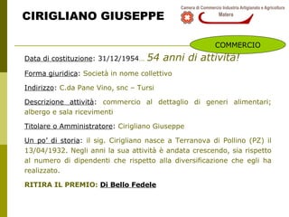 CIRIGLIANO GIUSEPPE Data di costituzione : 31/12/1954 …   54 anni di attività! Forma giuridica :  Società in nome collettivo  Indirizzo :  C.da Pane Vino, snc – Tursi Descrizione attività :  commercio al dettaglio di generi alimentari; albergo e sala ricevimenti Titolare o Amministratore :  Cirigliano Giuseppe  Un po’ di storia :  il sig. Cirigliano nasce a Terranova di Pollino (PZ) il 13/04/1932. Negli anni la sua attività è andata crescendo, sia rispetto al numero di dipendenti che rispetto alla diversificazione che egli ha realizzato. RITIRA IL PREMIO:  Di Bello Fedele COMMERCIO 
