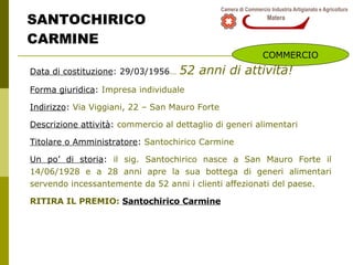 SANTOCHIRICO CARMINE Data di costituzione : 29/03/1956 …   52 anni di attività! Forma giuridica :  Impresa individuale  Indirizzo :  Via Viggiani, 22 – San Mauro Forte Descrizione attività :  commercio al dettaglio di generi alimentari Titolare o Amministratore :  Santochirico Carmine  Un po’ di storia :  il sig. Santochirico nasce a San Mauro Forte il 14/06/1928 e a 28 anni apre la sua bottega di generi alimentari servendo incessantemente da 52 anni i clienti affezionati del paese. RITIRA IL PREMIO:  Santochirico Carmine COMMERCIO 