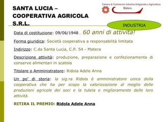 SANTA LUCIA –  COOPERATIVA AGRICOLA  S.R.L. Data di costituzione : 09/06/1948 …   60 anni di attività! Forma giuridica :  Società cooperativa a responsabilità limitata Indirizzo :  C.da Santa Lucia, C.P. 54 - Matera Descrizione attività :  produzione, preparazione e confezionamento di conserve alimentari in scatola Titolare o Amministratore :  Ridola Adele Anna Un po’ di storia :  la sig.ra Ridola è amministratore unico della cooperativa che ha per scopo la valorizzazione al meglio delle produzioni agricole dei soci e la tutela e miglioramento delle loro attività. RITIRA IL PREMIO:  Ridola Adele Anna INDUSTRIA 