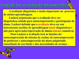 FUNÇÃO DA AVALIAÇÃO DIAGNÓSTICA
      A avaliação diagnóstica é muito importante no processo
 de ensino-aprendizagem.
      Luckesi argumenta que a avaliação deve ser
 diagnóstica,voltada para autocompreensão e participação do
 aluno. Luckesi defende que a avaliação deva ser um
 instrumento auxiliar de aprendizagem (mais diagnóstica) e
 não para aprovação/reprovação de alunos (menos somativa).
       Para Luckesi a avaliação terá as funções de:
 autocompreensão do sistema de ensino, de autocompreensão
 do professor e autocompreensão do aluno,adquirindo
 consciência do seu limite e das necessidades de avanço.
 