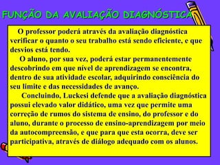 FUNÇÃO DA AVALIAÇÃO DIAGNÓSTICA
   O professor poderá através da avaliação diagnóstica
 verificar o quanto o seu trabalho está sendo eficiente, e que
 desvios está tendo.
    O aluno, por sua vez, poderá estar permanentemente
 descobrindo em que nível de aprendizagem se encontra,
 dentro de sua atividade escolar, adquirindo consciência do
 seu limite e das necessidades de avanço.
    Concluindo, Luckesi defende que a avaliação diagnóstica
 possui elevado valor didático, uma vez que permite uma
 correção de rumos do sistema de ensino, do professor e do
 aluno, durante o processo de ensino-aprendizagem por meio
 da autocompreensão, e que para que esta ocorra, deve ser
 participativa, através de diálogo adequado com os alunos.
 