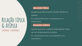 Relação típica
& Atípica
(normal e anormal)
→ RELAÇÃO TÍPICA
aquela que não envolve conﬂito de leis no
espaço.
Ex.: casamento entre uma gaúcha e um
catarinense.
→ RELAÇÃO ATÍPICA
aquela que tem o potencial de aplicar mais
de um ordenamento jurídico.
Ex.: casamento entre uma brasileira e um
australiano.
 