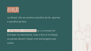 ATENÇÃO
no Brasil, não se aceita a escolha da lei, apenas
a escolha do foro.
→ obrigações contratuais: se o contrato for
ﬁrmado na Alemanha, mas o foro é no Brasil,
as partes devem trazer a lei estrangeira aos
autos.
 
