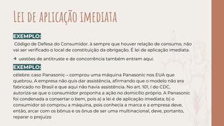 EXEMPLO:
Código de Defesa do Consumidor. à sempre que houver relação de consumo, não
vai ser veriﬁcado o local de constituição da obrigação. É lei de aplicação imediata.
→ uestões de antitruste e de concorrência também entram aqui.
EXEMPLO:
célebre: caso Panasonic – comprou uma máquina Panasonic nos EUA que
quebrou. A empresa não quis dar assistência, aﬁrmando que o modelo não era
fabricado no Brasil e que aqui não havia assistência. No art. 101, I do CDC,
autoriza-se que o consumidor proponha a ação no domicílio próprio. A Panasonic
foi condenada a consertar o bem, pois a) a lei é de aplicação imediata; b) o
consumidor só comprou a máquina, pois conhecia a marca e a empresa deve,
então, arcar com os bônus e os ônus de ser uma multinacional, deve, portanto,
reparar o prejuízo
Lei de aplicação imediata
 